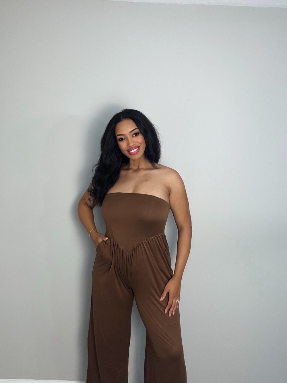 NWT Heart & Hips Strapless Wide-Leg Jumpsuit in Chocolate Brown - Picture 2 of 3